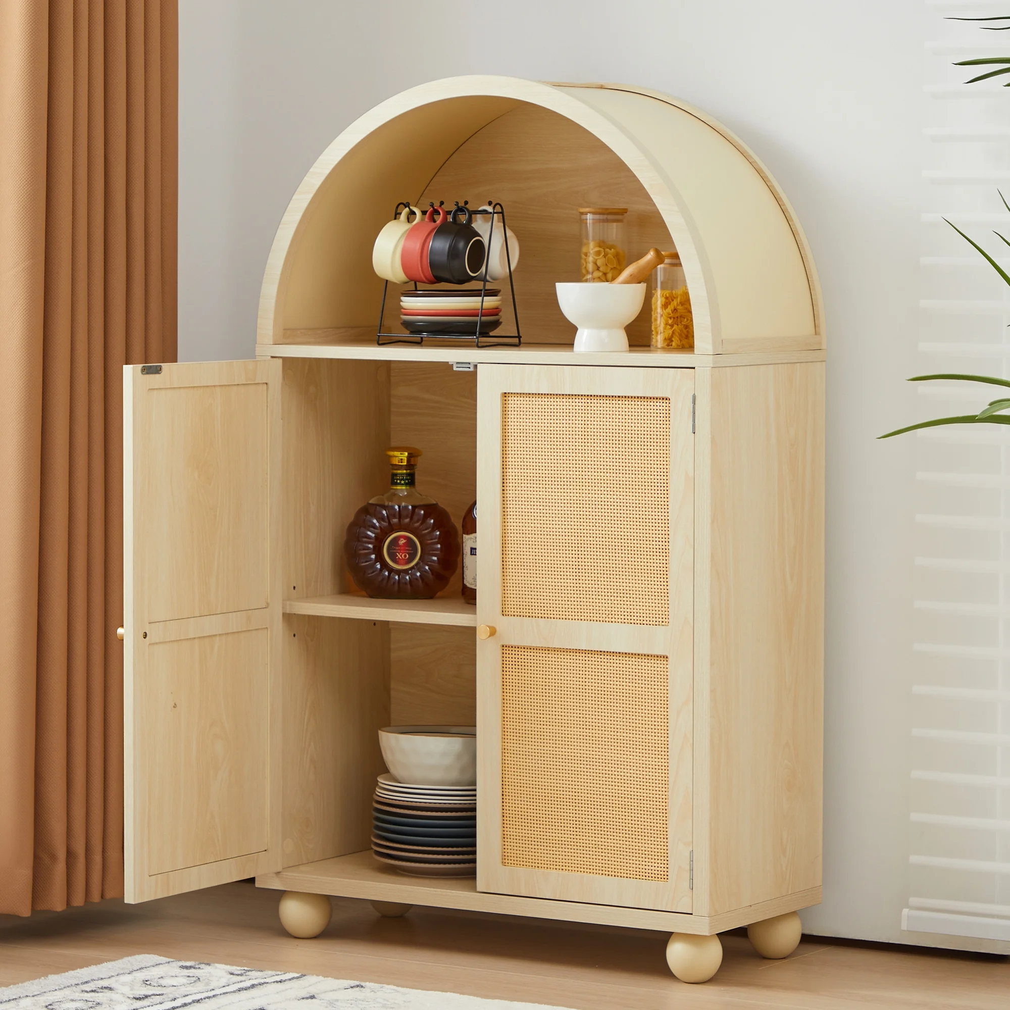 Wirrytor Arched Kitchen Storage Cabinet, Sideboard Buffet Cabinet with 2-Tier and 2 Doors, Black Sideboard, Kitchen Pantry Cabinet, Wooden Storage Cabinet for Living Room