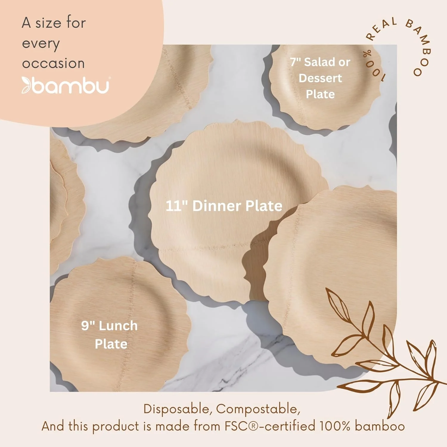 Bambu Pack of 100-9 Inch Fancy 100% Bamboo Plates -C Premium Disposable Dinnerware | Elegant, Biodegradable Veneerware Natural Tableware for Weddings, Parties, Entertaining & Special Occasions