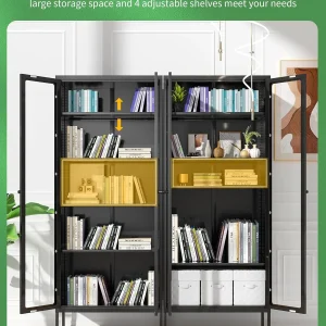 SUNCROWN Metal Storage Cabinet, Curio Display Cabinet with 2 Glass Display Door and 4 Shelves, Side Storage Organize, Modern Bookshelf Cabinet for livingroom, Bedroom, Kitchen, Black