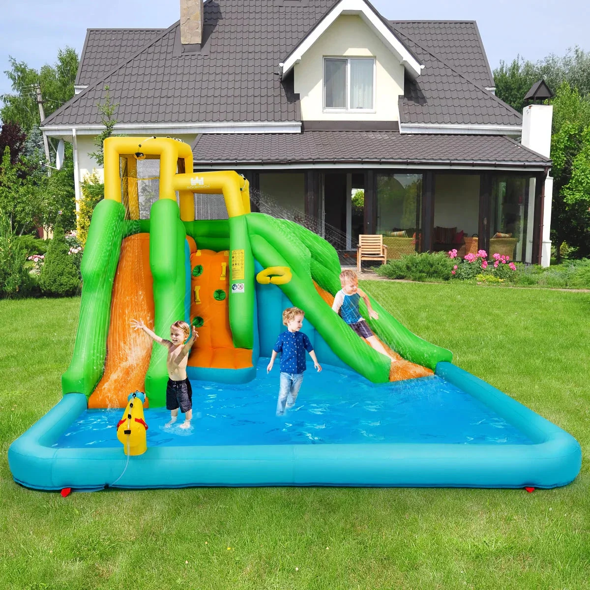 Inflatable Water Park Bounce House w/Climbing Wall Two Slides and Splash Pool