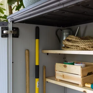 Keter Premier Tall Vertical Durable Resin Outdoor Storage Shed With Floor and Locking Double Doors, Grey