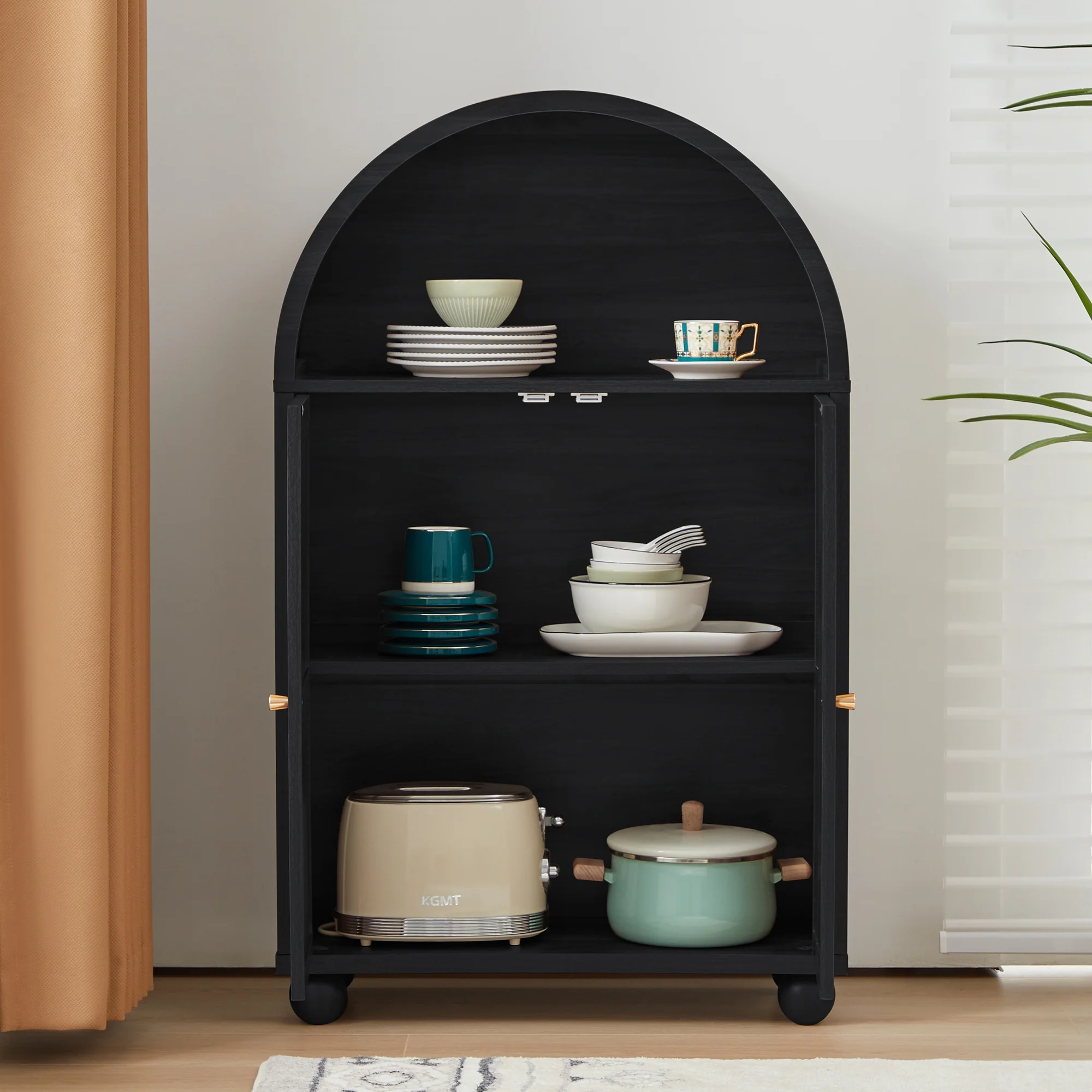 Wirrytor Arched Kitchen Storage Cabinet, Sideboard Buffet Cabinet with 2-Tier and 2 Doors, Black Sideboard, Kitchen Pantry Cabinet, Wooden Storage Cabinet for Living Room