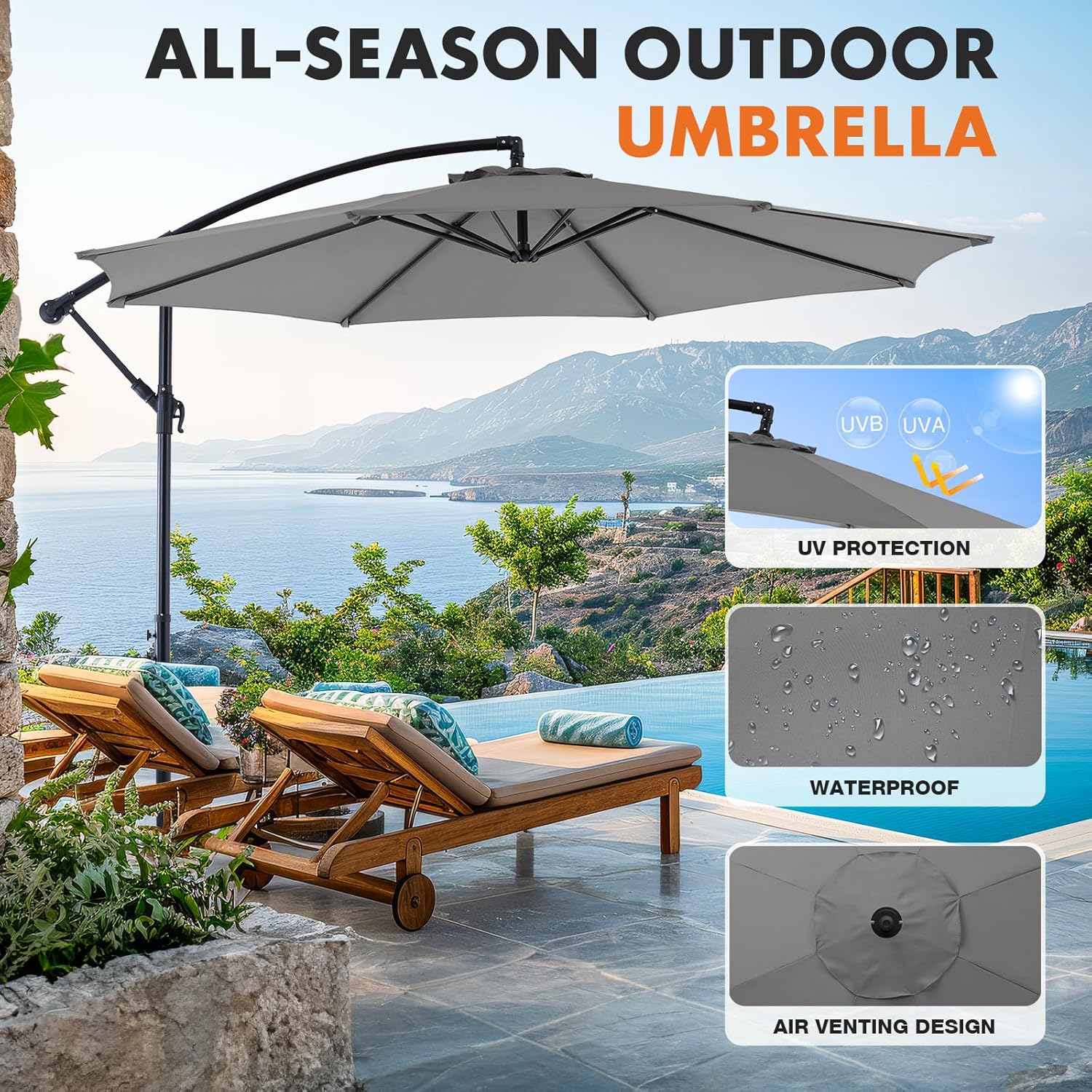 9.8FT Offset Patio Umbrella Hanging Cantilever Umbrella Outdoor Sun Shade with Easy Tilt Adjustment, 8 Ribs, UV Protection for Backyard, Lawn, Garden and Pool, Blue