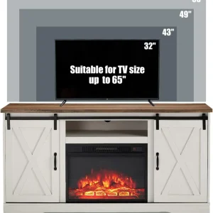 AMERLIFE Fireplace TV Stand with Sliding Barn Door for TVs up to 73", Farmhouse 63" Fireplace Entertainment Center with Storage Cabinets/Adjustable Shelves