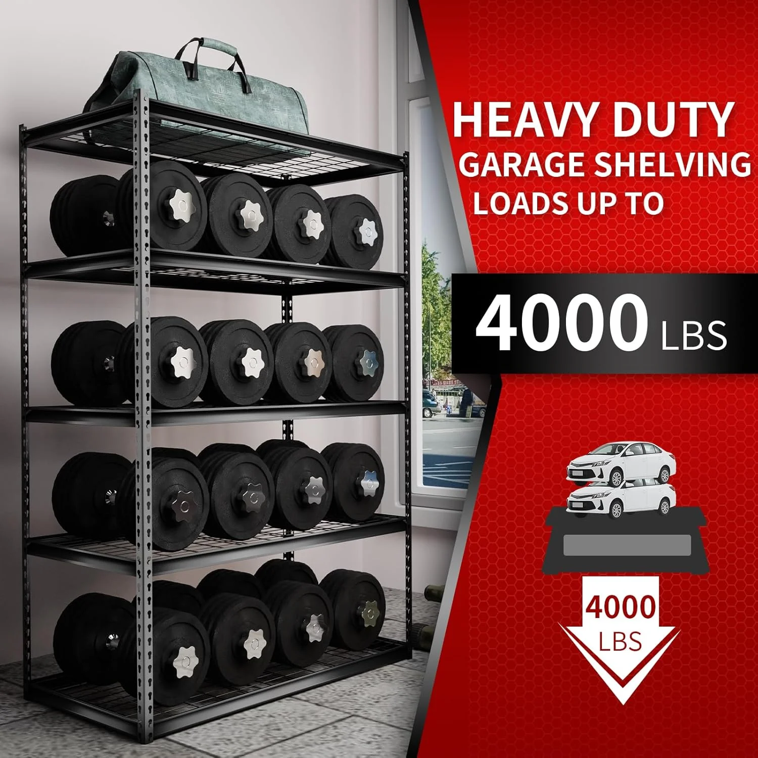 Shuntong The Atlas 60"H Heavy Duty Garage Shelving, 5-Tier Metal Shelving Unit, Adjustable Storage Rack, Industrial Strength Shelves for Heavy Tools and Equipment, Black, Load 2500 lbs