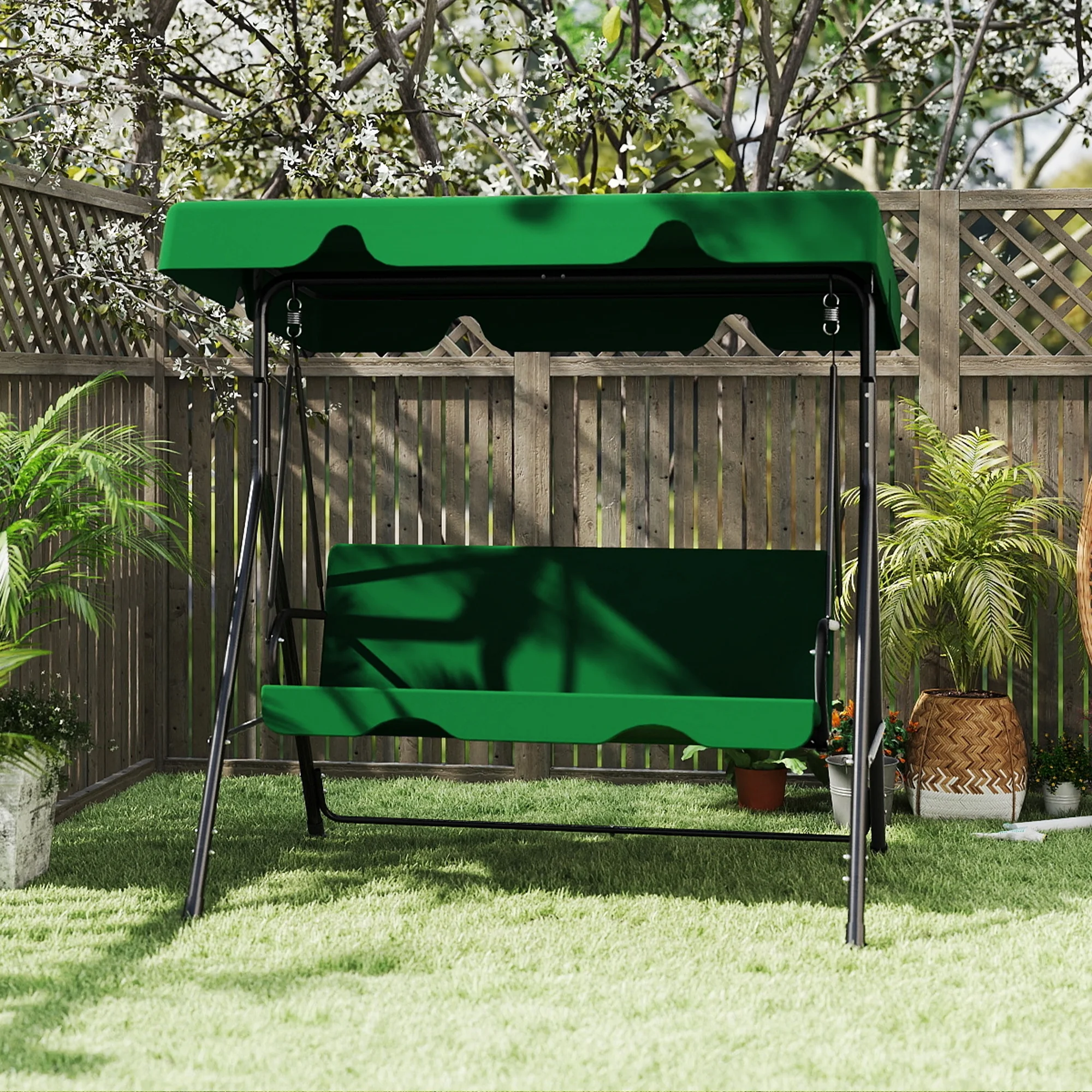 Melocadol 3 Seats Outdoor Porch Swing Glider, Patio Swing Chair with All Weather Covered Canopy and Rust Proof Heavy Duty Stand, for Garden, Lawn, or Backyard, Black