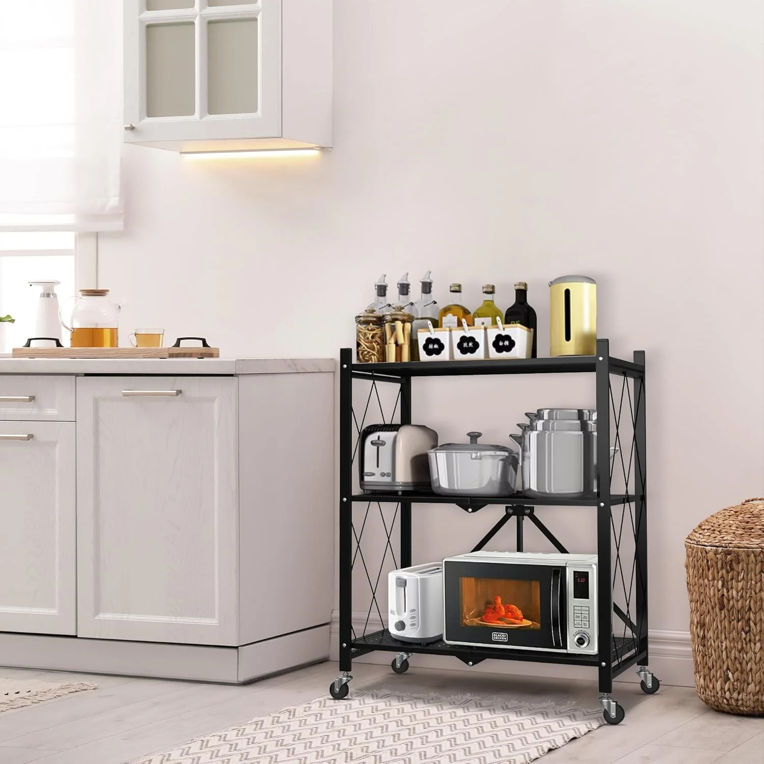 Foldable 4-Tier Storage Shelves with Wheels, No Assembly Bookshelf, Heavy Duty Kitchen Racks and Shelves, Rolling Microwave Cart, Black