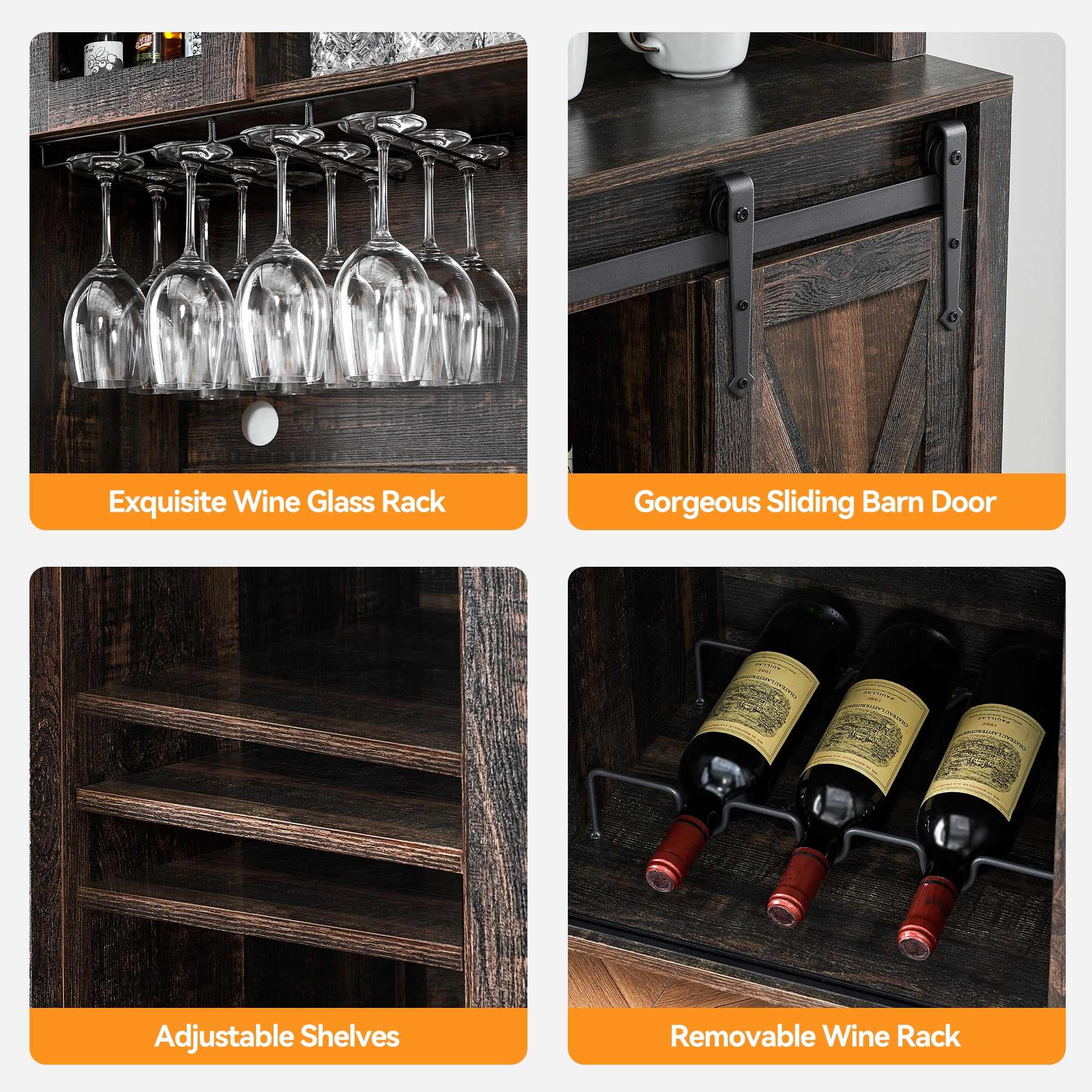 Farmhouse Bar Cabinet with Storage, Kitchen Buffet Cabinet with Sliding Barn Door and 3 Drawers, Coffee Bar with Wine and Glass Rack for Kitchen, Dining Room, White