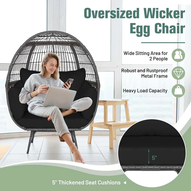 Oversized Wicker Egg Chair with 4 Cushions, Steel Frame Basket Chair Indoor Outdoor Patio Lounge Chair
