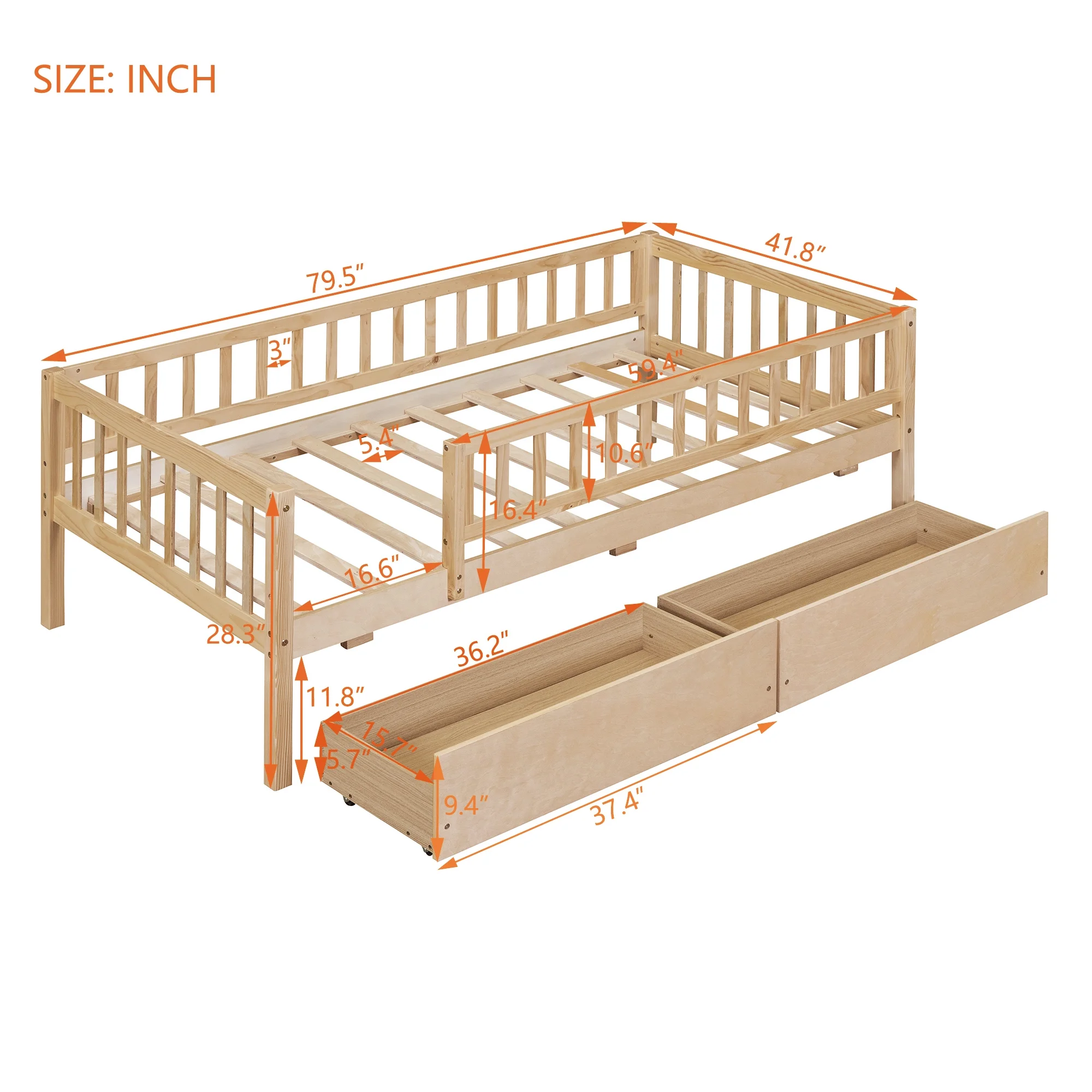 Holaki Twin Size Wood Bed with Guardrails and 2 Storage Drawers for Kids, Gray