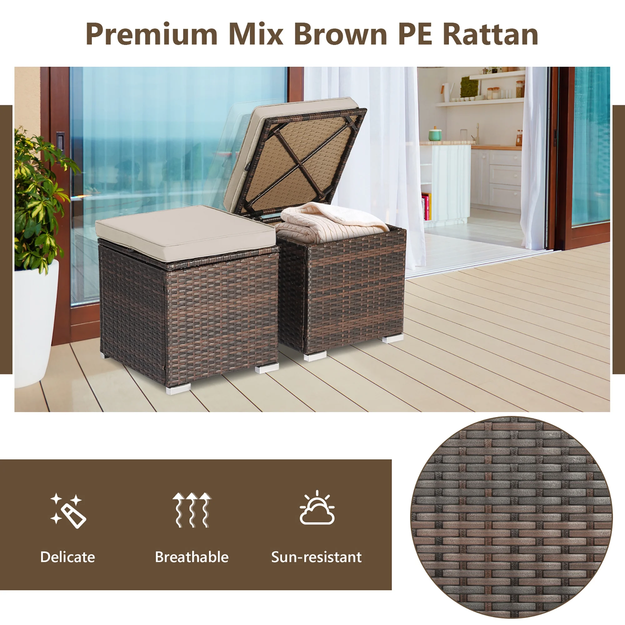 Costway 2PC Patio Rattan Ottoman Seat Side Table Storage Box Footrest Off White