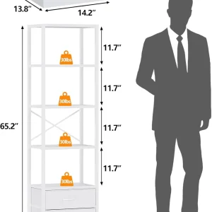5-Tier Corner Shelf, Narrow Bookshelf with 2 Storage Drawers, Tall Bookcase, Wood Display Standing Shelf Organizer Unit for Living Room, Bedroom, Metal Frame(White)