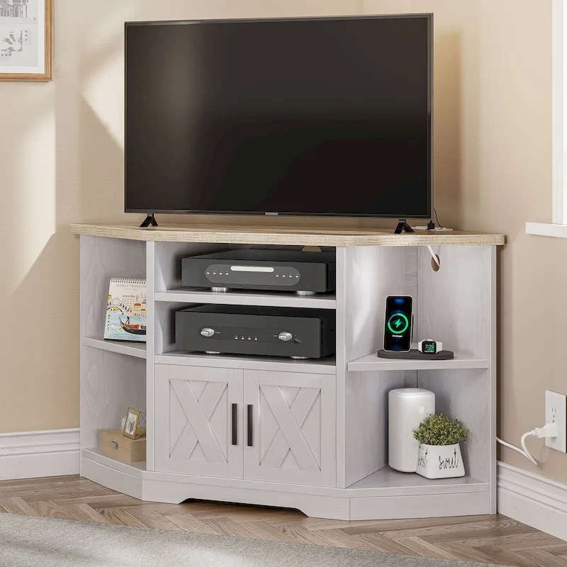 Farmhouse Corner TV Stand Entertainment Center Media Console for TVs up to 55 with Power Outlet