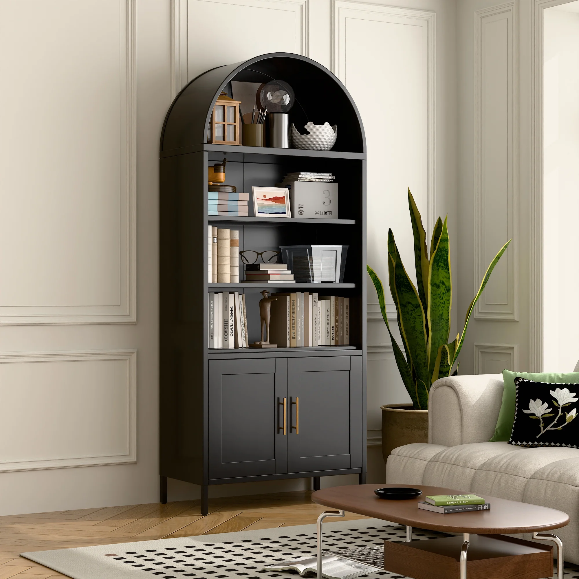 SUXXAN Metal Arched Storage Display Lockable Cabinets with Glass Doors and Adjustable Shelves, Assembly Required, Black