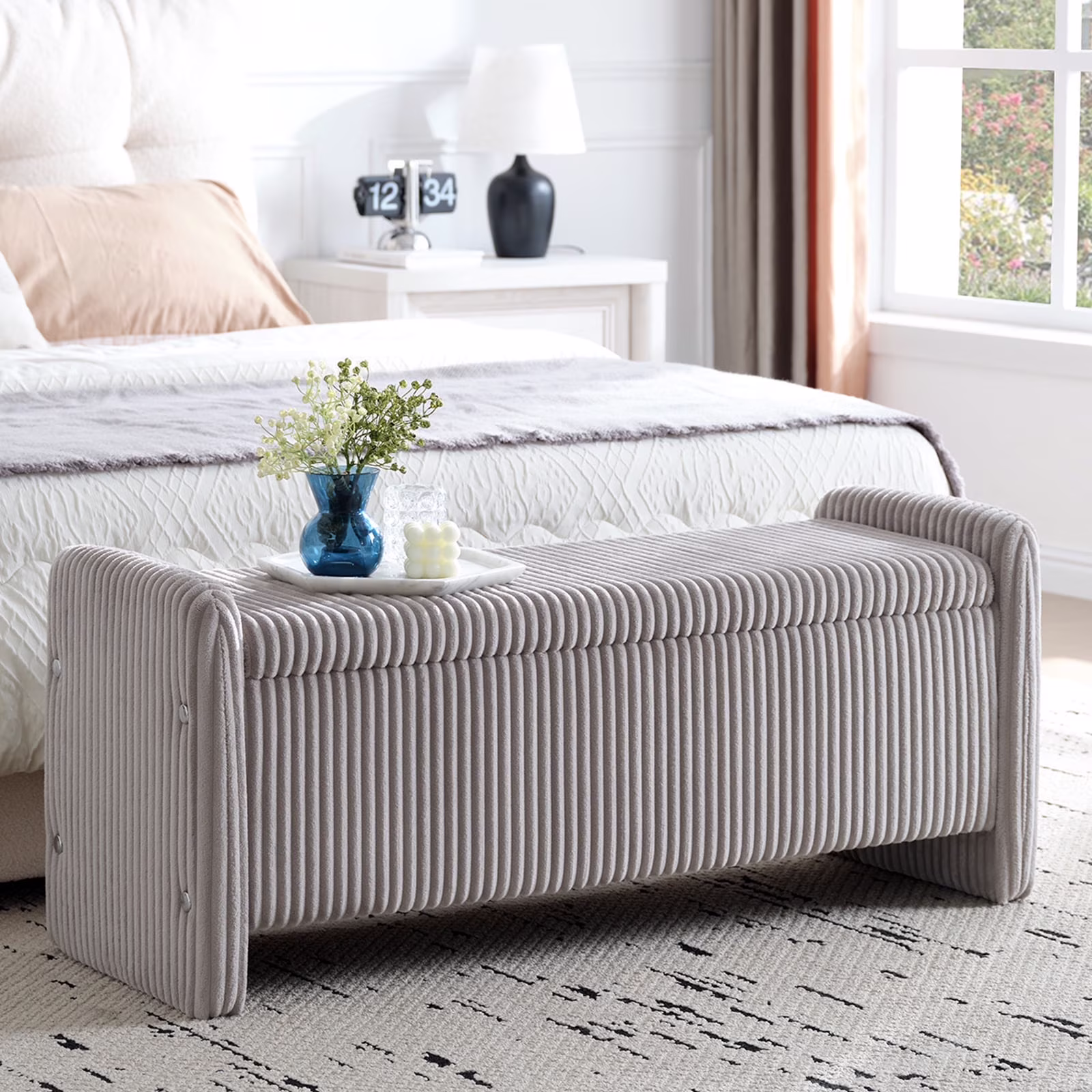 Pinmoco 44" Storage Ottoman Bench, Upholstered Entryway Bench with Storage End of Bed Bench for Bedroom& Living Room, Corduroy Gray