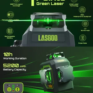 Laser Level 3x360- LASGOO with Remote Control, 2 Rechargeable Batteries, 100FT Range, 360- Magnetic Rotating Stand, IP54, 3Ds