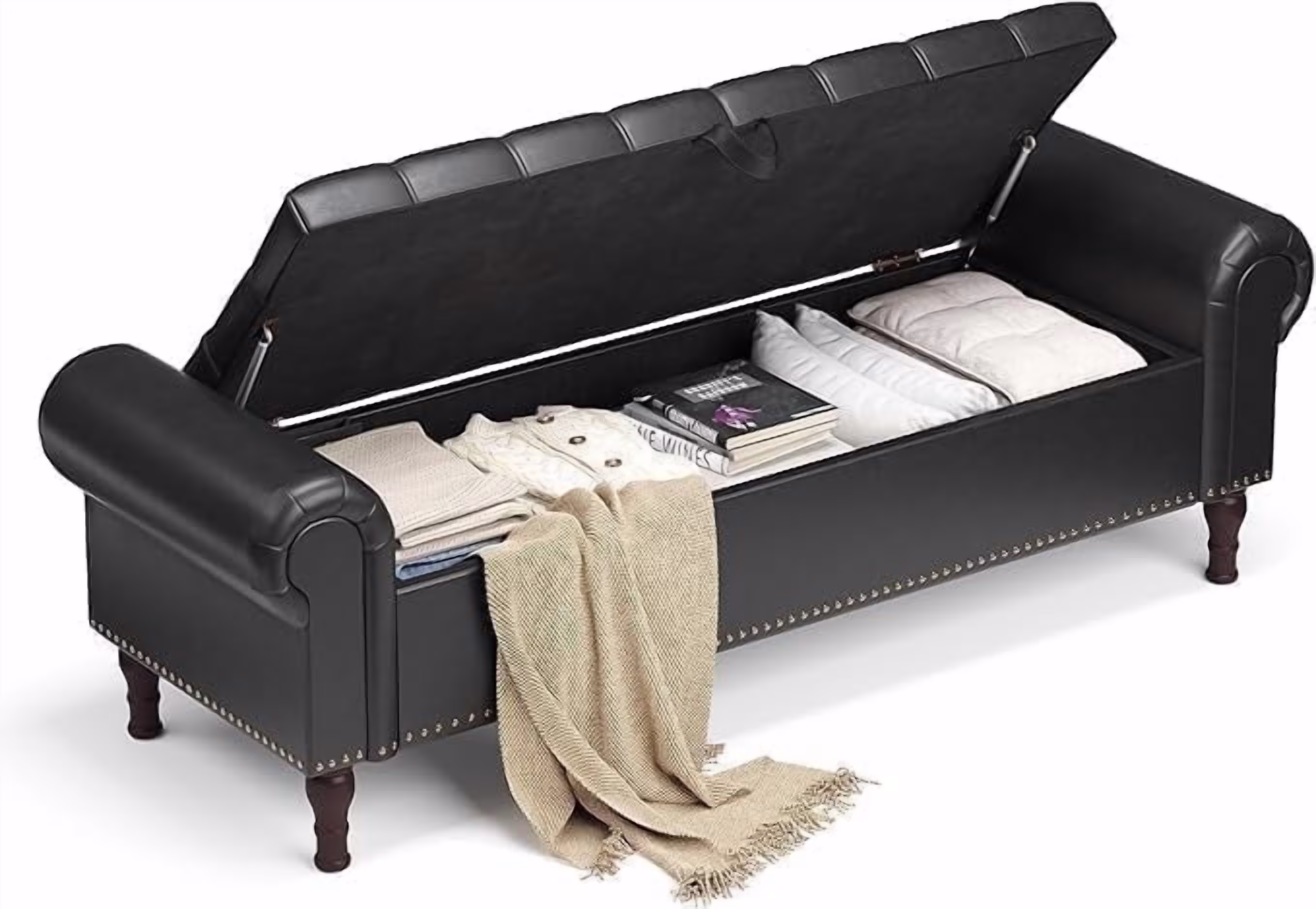 Gelloan Storage Ottoman Bench for Bedroom,Upholstered Bedroom Bench with Rolled Arms and Rivets, Storage Chest for Living Room,Grey,51 Inches
