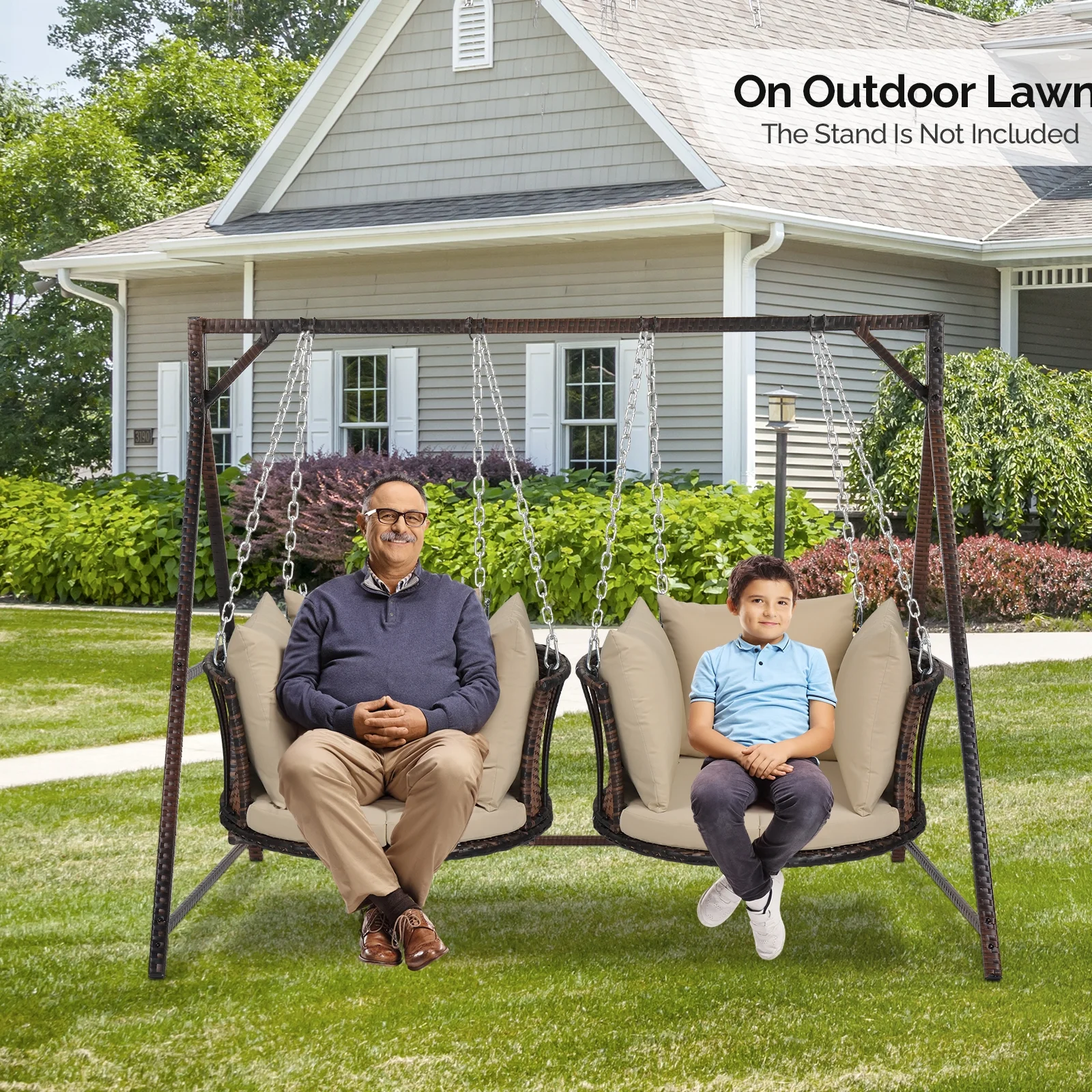 Zimtown Patio Rattn Wicker Swing, Outdoor Bench w/ Blue Cushion, Outdoor Seat Garden Swing for 2 Person