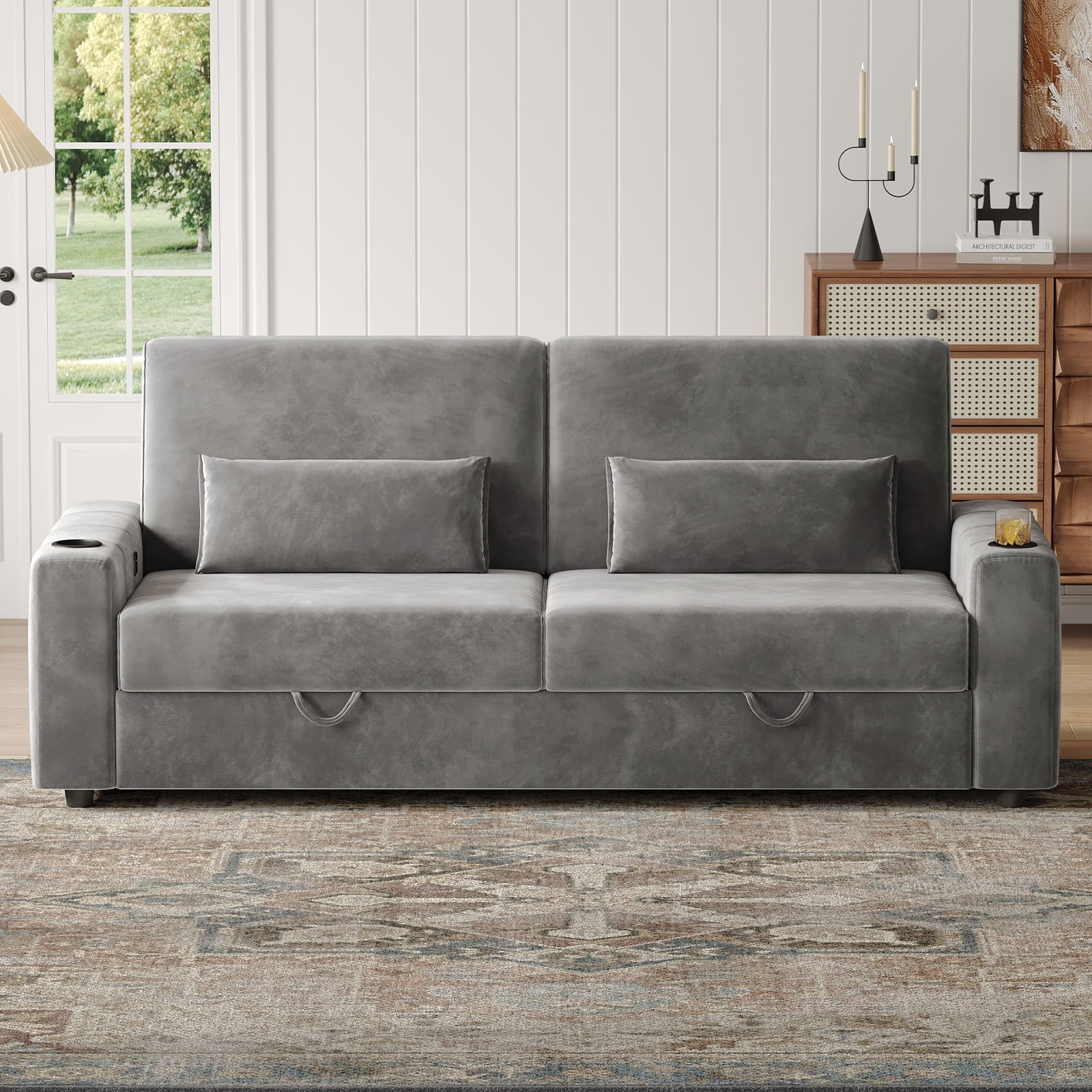 87-Large Loveseat Sofa, 3 Seater Couch with Storage, Velvet Fabric Deep Seat Sofa with Pillow& Cup Holders, Modern Comfy Sofa with USB& Type-C Ports, Home Sofa Couch for Living Room Bedroom