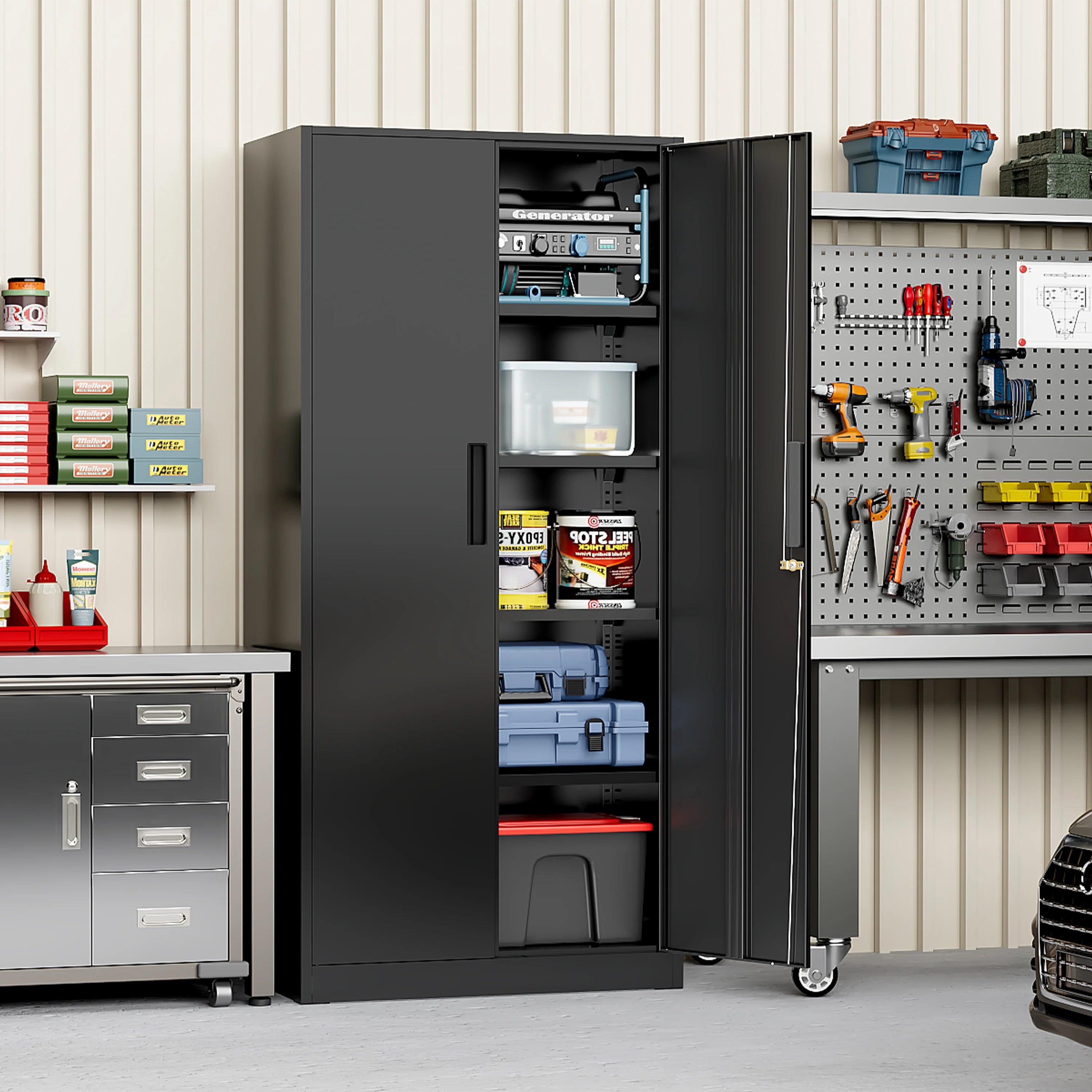 SUNCROWN 71 In Metal Storage Garage Cabinets with Locking Doors and Adjustable Shelves, Steel Storage Cabinet for Garage, Office, Classroom, Assemble Required(Black)