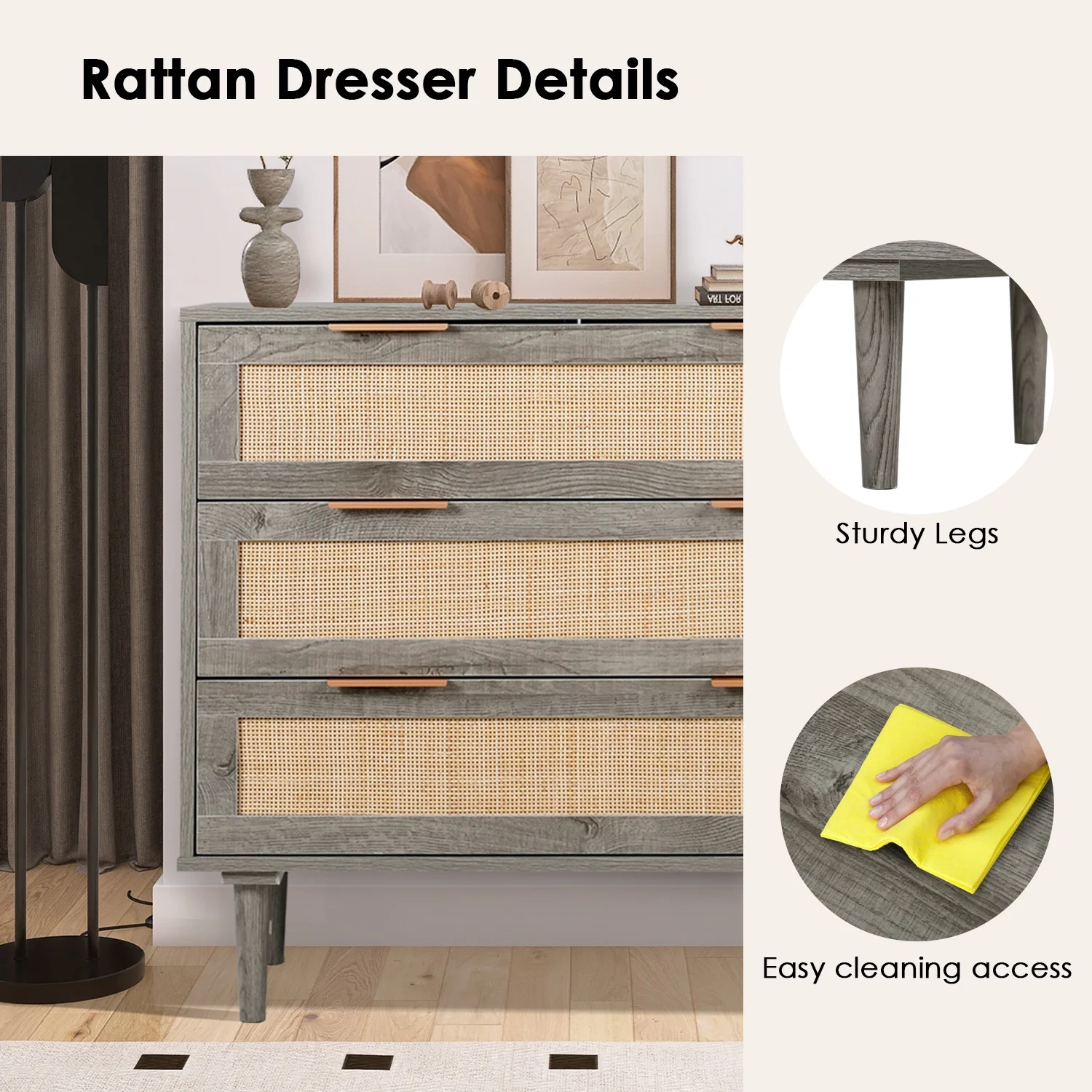 LAZZO 3 Modern Drawer Dresser Rattan, Wooden Dresser Chest of Large Storage Cabinet