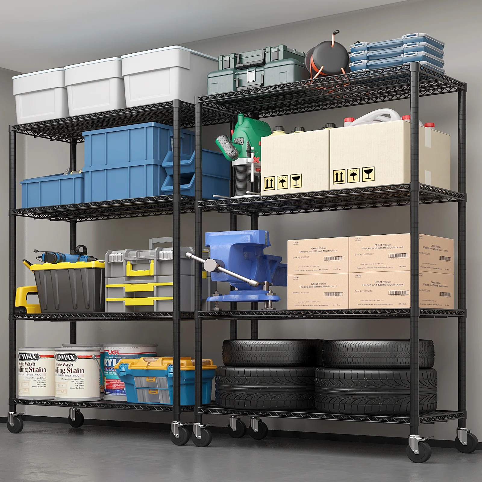 Ktaxon 4 Tier Wire Shelving with Wheels, 46"W x 17.7"D x 65"H Multifunctional Storage Rack Metal Garage Shelves Organizer, Capacity for 800lbs, Black
