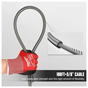 100FT Drain Cleaner Replacement Cable 3/8 Inch - Solid Snake Cable for 1.5-3 Inch Pipes - Compatible with 100ft Drain Cleaning Machines Black