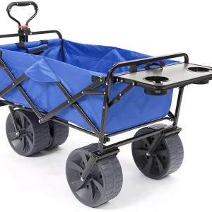 All Terrain Beach Wagon with Side Table|Heavy Duty Collapsible Folding Cart with Large Wheels for Beach Day, Picnic, Camping, Outdoor Activities | Blue/White