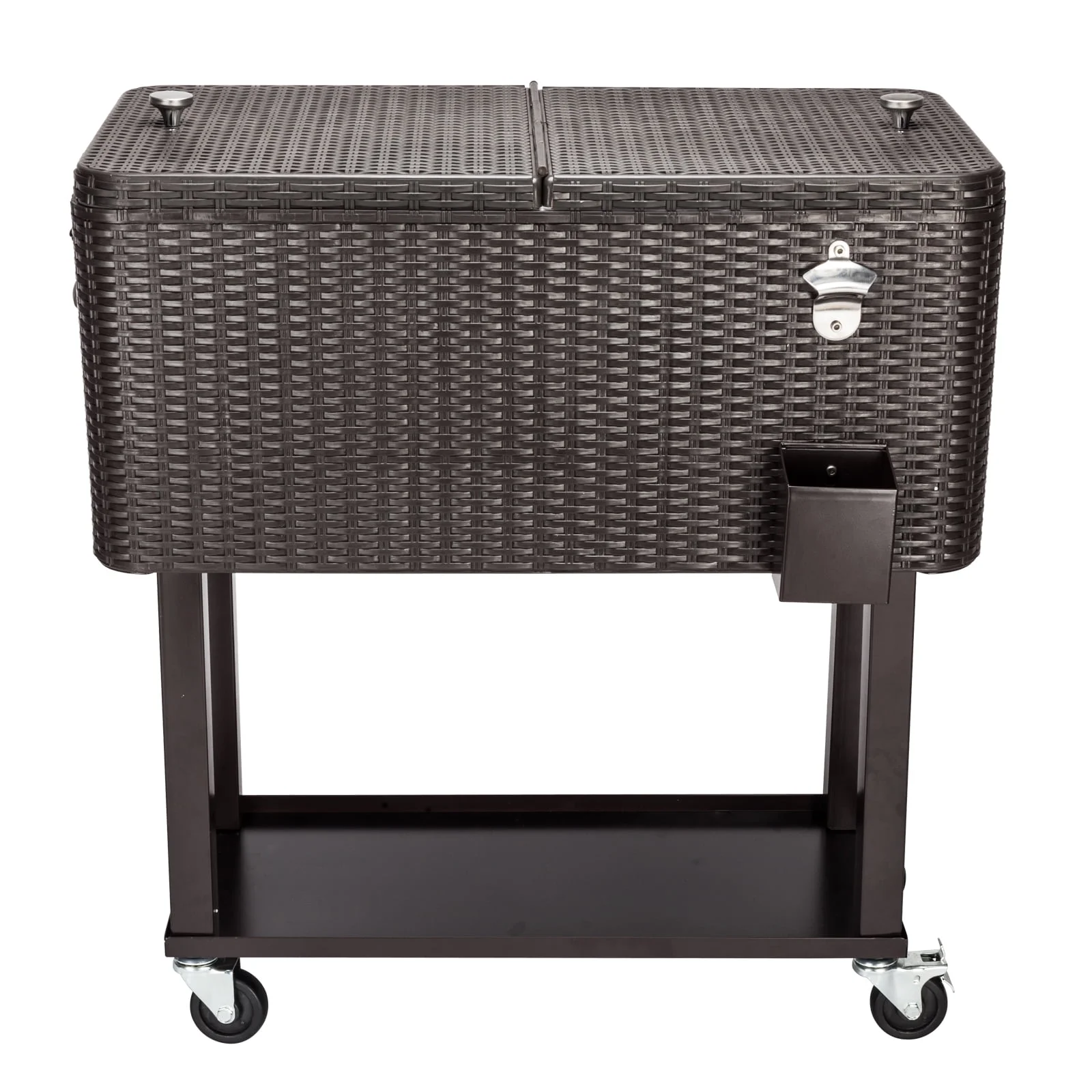 80QT Rattan Cooler with Shelf & Wheels - Insulated Outdoor Beverage Ice Chest for Parties, Patios, & Events - Durable Woven Design, Stainless Steel Accents, Keeps Cool 48 Hrs