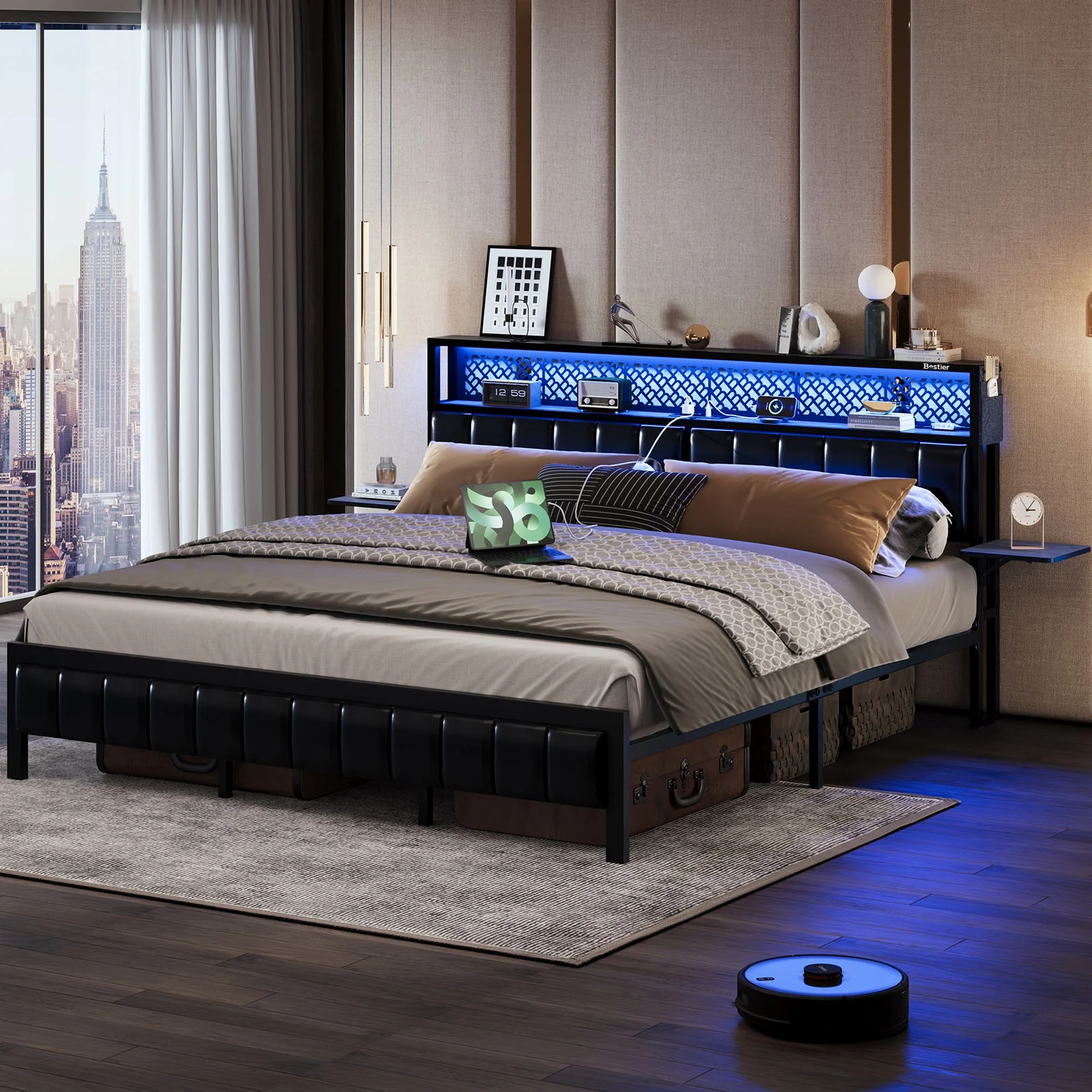 Bestier Queen Size Platform Bed Frame with Wood Foldable Bedside Shelves and LED Storage Headboard Charge Station, Gray