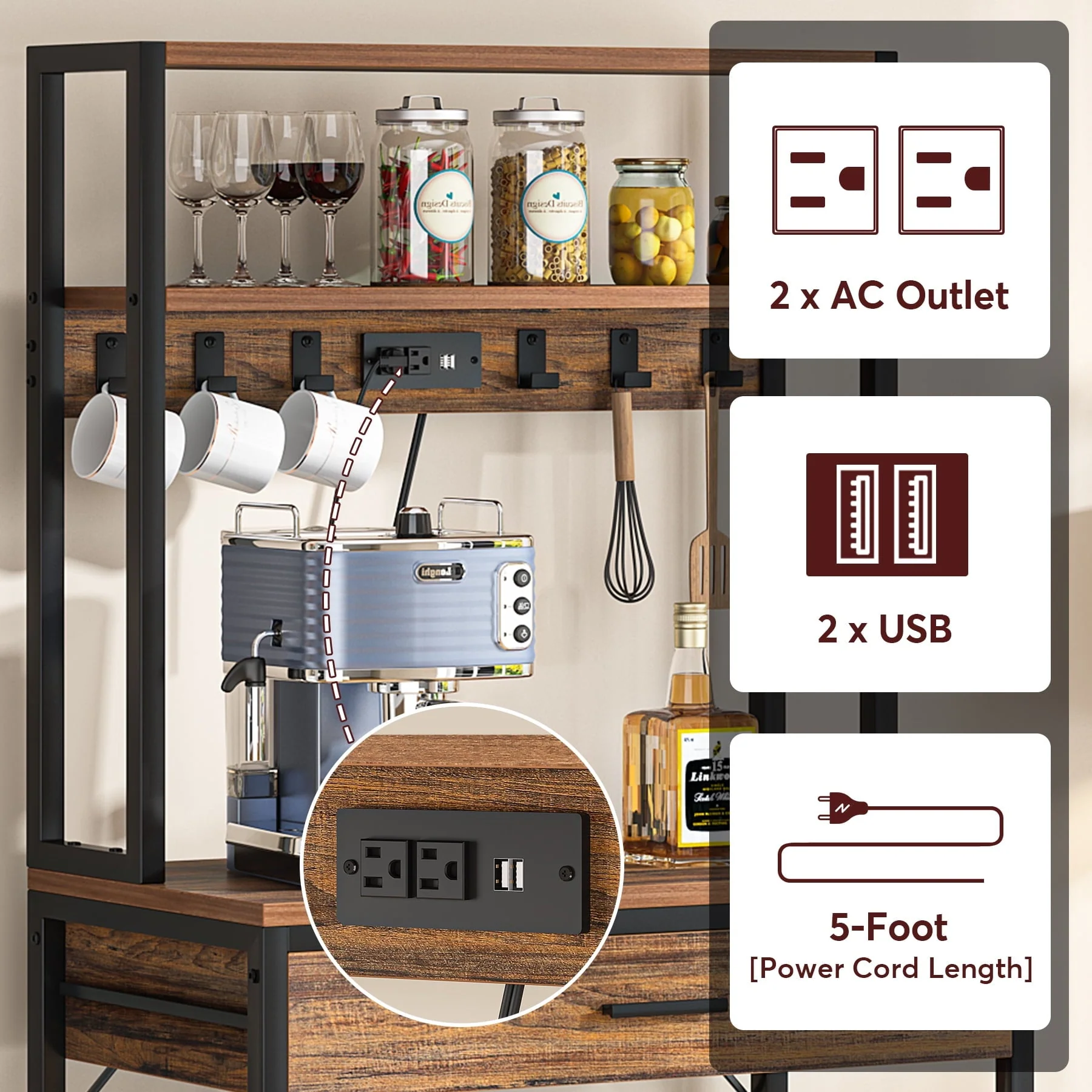 Tribesigns Kitchen Bakers Rack with Power Outlets, 5-Tier Microwave Oven Stand with Drawer and Sliding Shelves, Freestanding Kitchen Storage Shelf Organizer with 6 Hooks, Rustic Brown