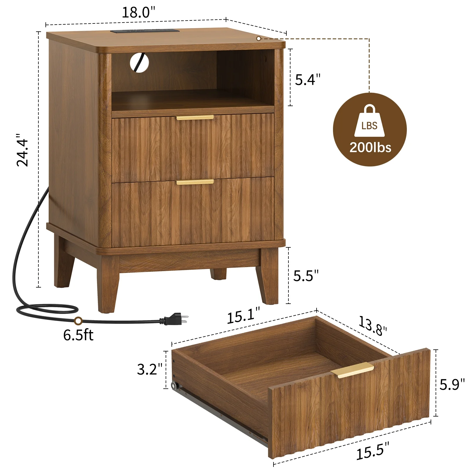 Night Stand with Charger Station, Fluted Nightstand with 2 Drawers and Storage Shelf, Mid Century Modern End Table for Bedroom Living Room,Natural