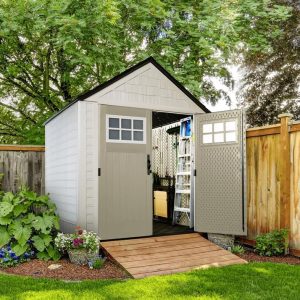 Rubbermaid Resin Outdoor Storage Shed With Floor Weather Resistant Gray Organization for Home