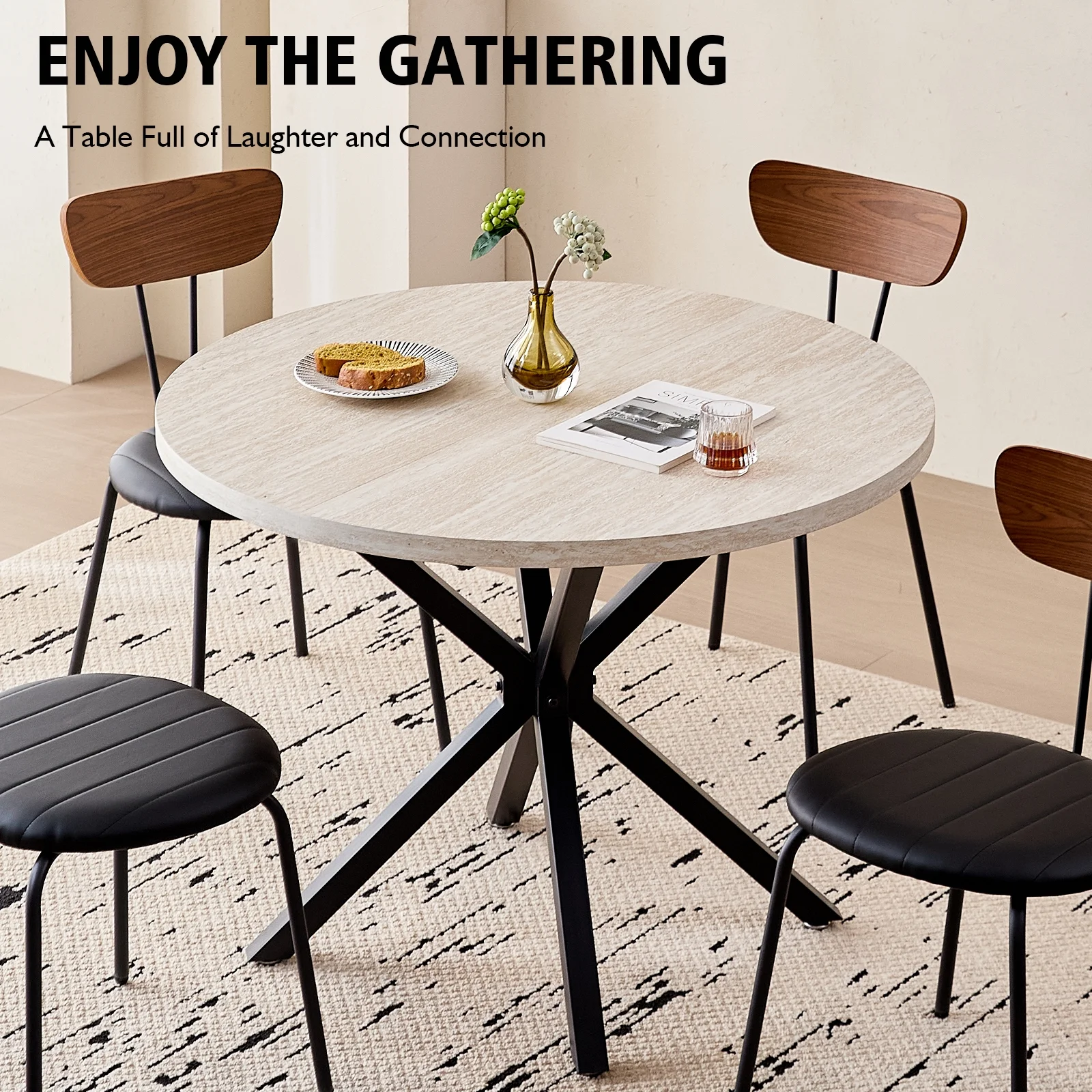 39- Round Dining Table, Modern Small Kitchen Table for 4 with X-Shaped Metal Legs and 1.2" Thickness Tabletop for Kitchen Dining Room, Coffee Table, Oak