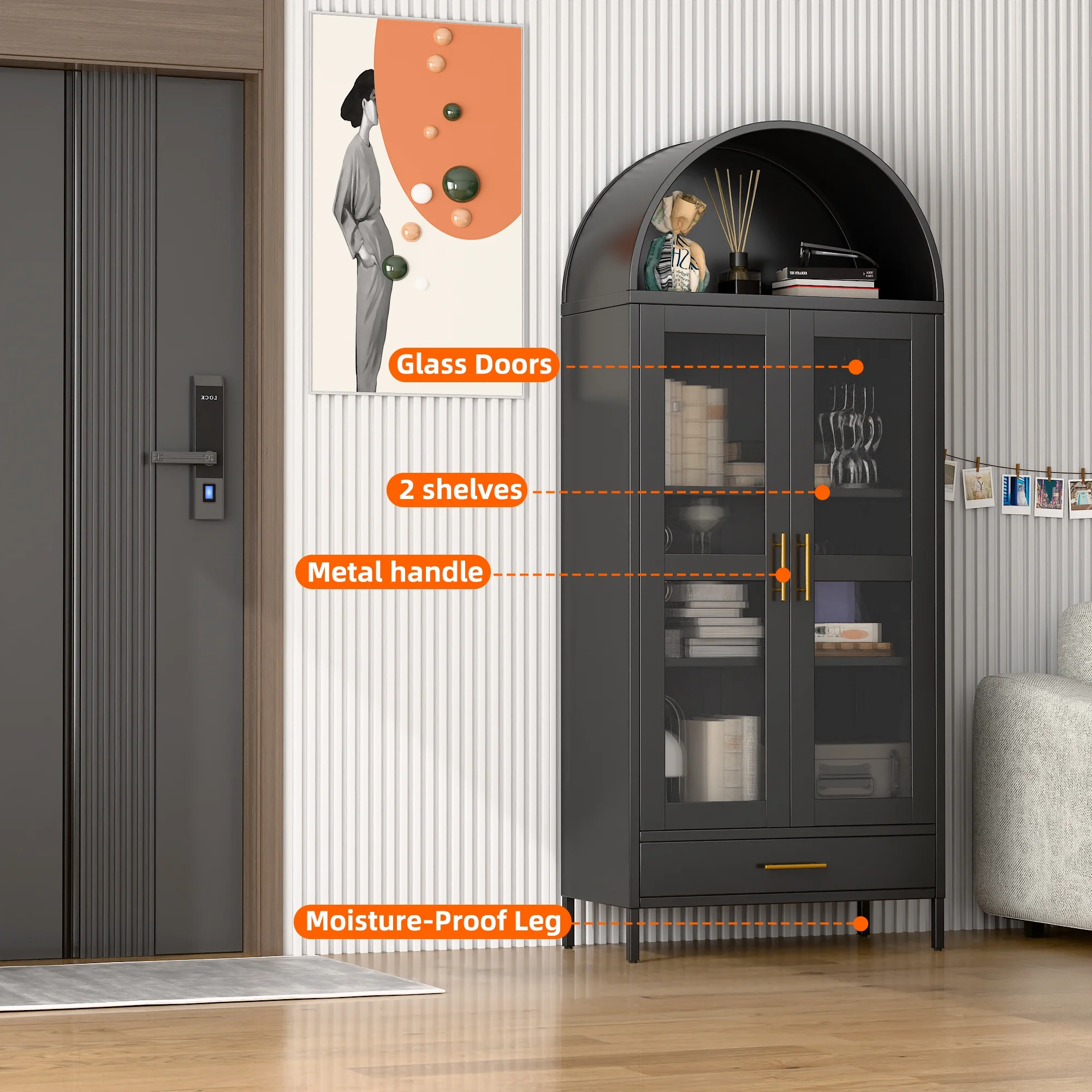 SUXXAN Metal Arched Storage Display Lockable Cabinets with Glass Doors and Adjustable Shelves, Assembly Required, Black