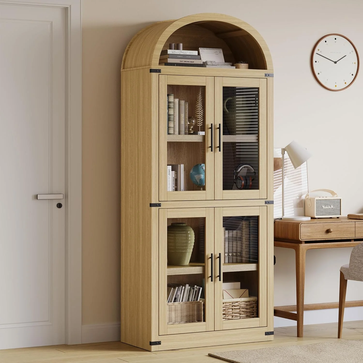 AOILE 72" Tall Arched Farmhouse Bookcase with Doors, Wooden Display Cabinet with Storage Shelves