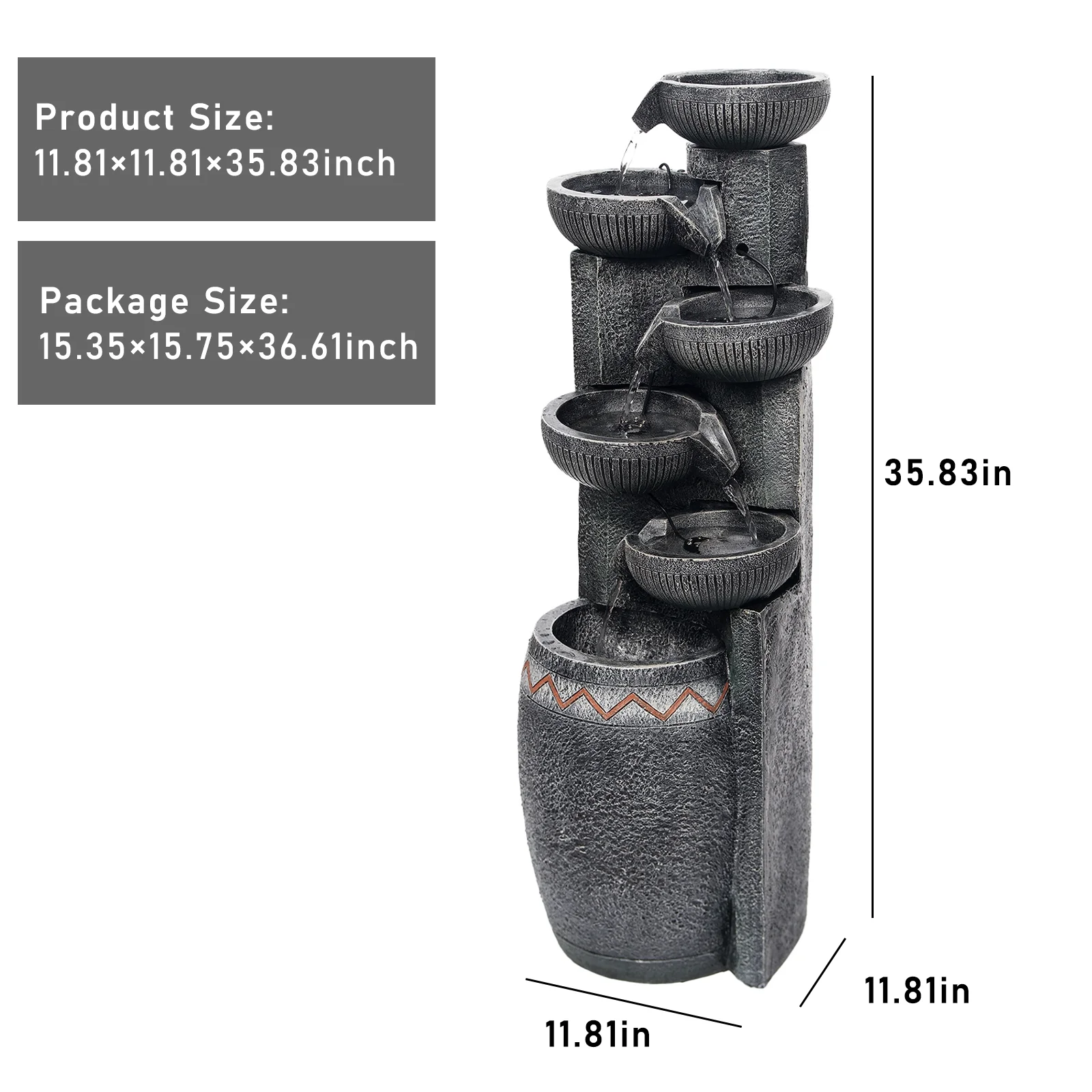 35.83''H Outdoor Indoor Garden Water Fountain 6-Tiers Modern Floor Standing Water Feature Waterfall Fountains with LED Lights for Yard Porch Deck Patio Home Decor
