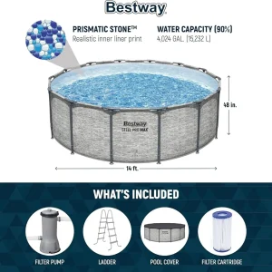 Steel Pro MAX 14 Foot x 48 Inch Round Metal Frame Above Ground Outdoor Swimming Pool Set with 1,000 Filter Pump, Ladder, and Cover, Gray