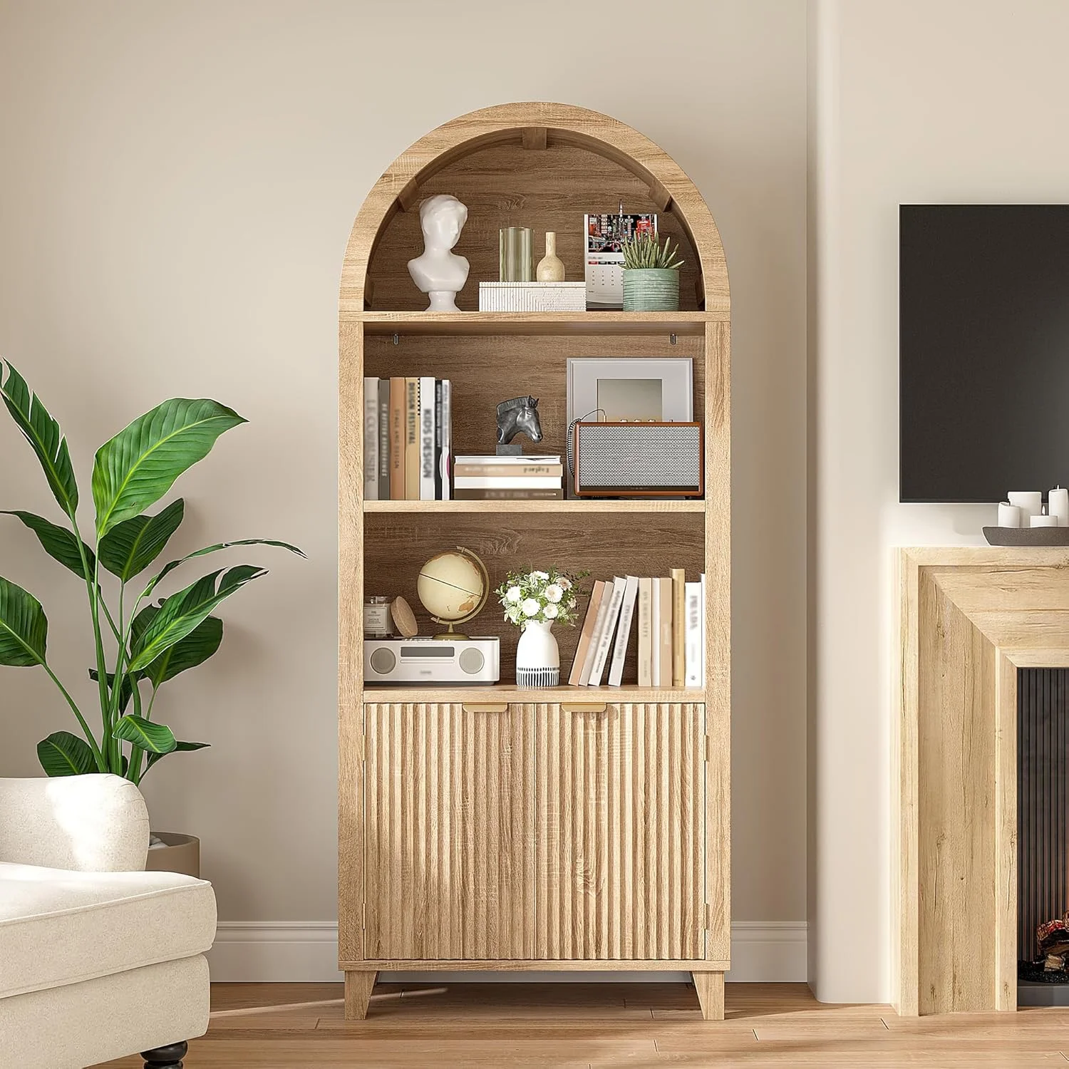 Bookshelf Arched Cabinet,5-Tier Arched Bookcase with Doors and Adjustable Shelves,Wooden Storage Cabinet with Open Display Shelf for Office,Living Room-Light Oak