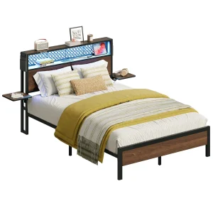Bestier Queen Size Platform Bed Frame with Wood Foldable Bedside Shelves and LED Storage Headboard Charge Station, Gray