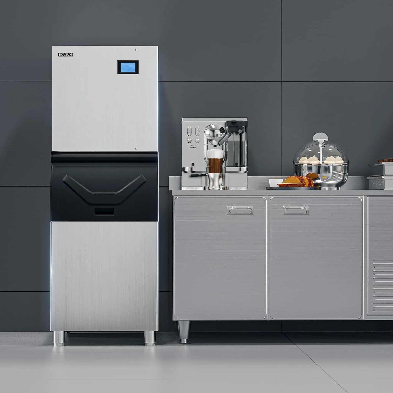 ROVSUN 400LBS/24H Commercial Ice Maker with 300LBS Storage Bin, Commercial Ice Machine with LCD Touch Control Panel & Automatic Cleaning for Restaurant Bar Coffee Shop Home Supermarket