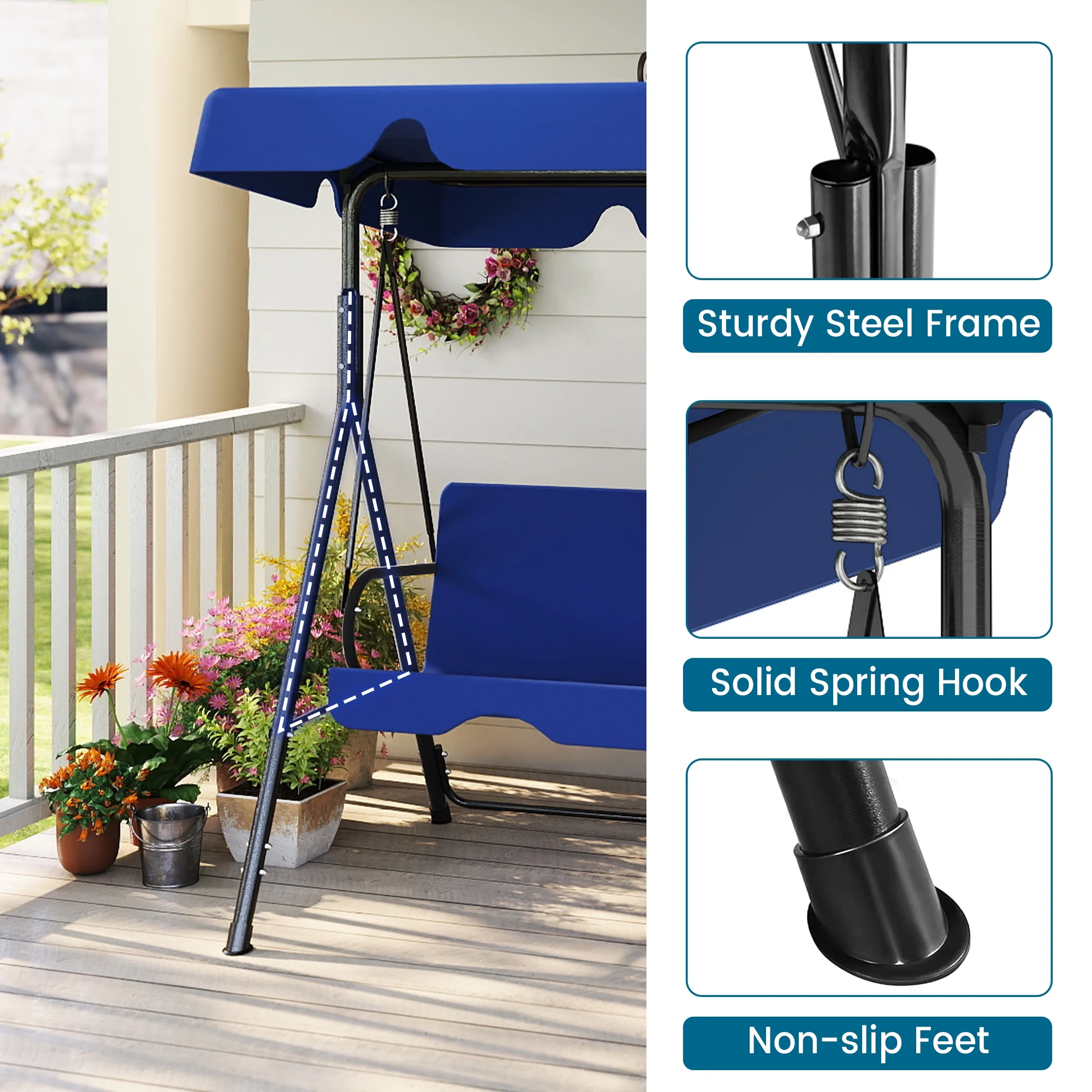 Melocadol 3 Seats Outdoor Porch Swing Glider, Patio Swing Chair with All Weather Covered Canopy and Rust Proof Heavy Duty Stand, for Garden, Lawn, or Backyard, Black