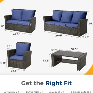 Wisteria Lane 4 Piece Outdoor Patio Furniture Sets, Wicker Conversation Set for Porch Deck, Grey Rattan Sofa Chair with Cushion Blue