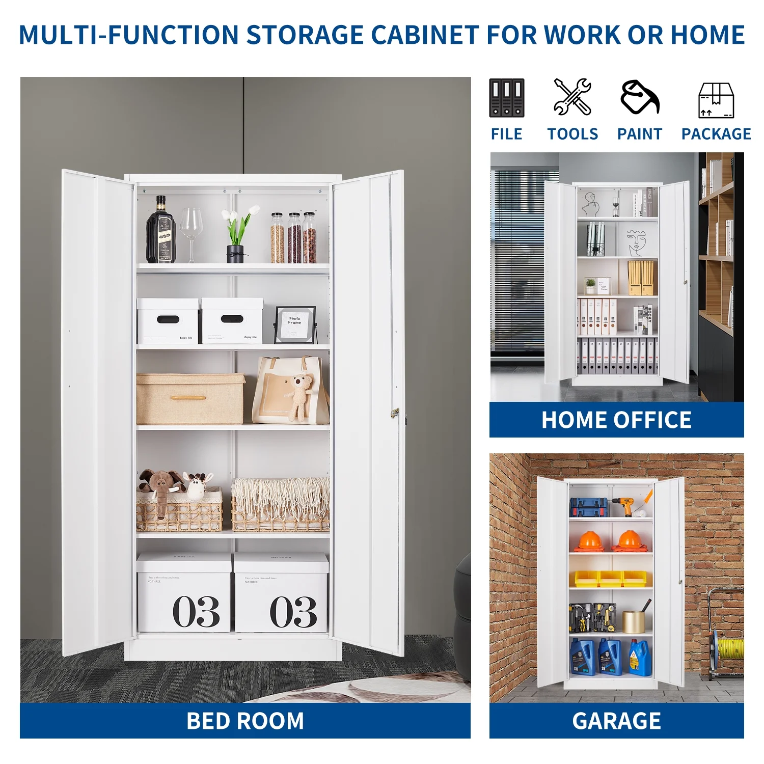STANI Metal Storage Cabinet, 71- Tall Steel Cabinets with Locking Door and 5 Adjustable Shelves, Steel Classic Storage Cabinet for Home, School, Office, Garage