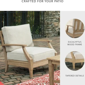Signature Design by Ashley Clare View Coastal Outdoor Patio Eucalyptus Sofa with Cushions, Beige
