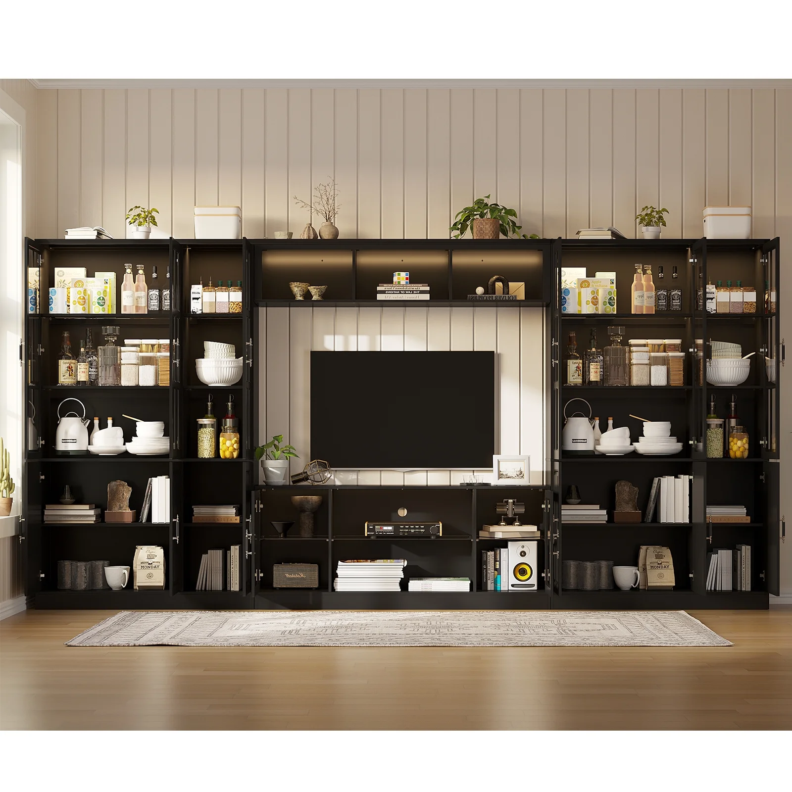 MEISSALIVVE 4-Piece Wall Unit TV Stand with Storage & LED Lights for TVs up to 75", Modern Entertainment Center with Bookshelves & 8-Door Pantry Cabinet, Gray