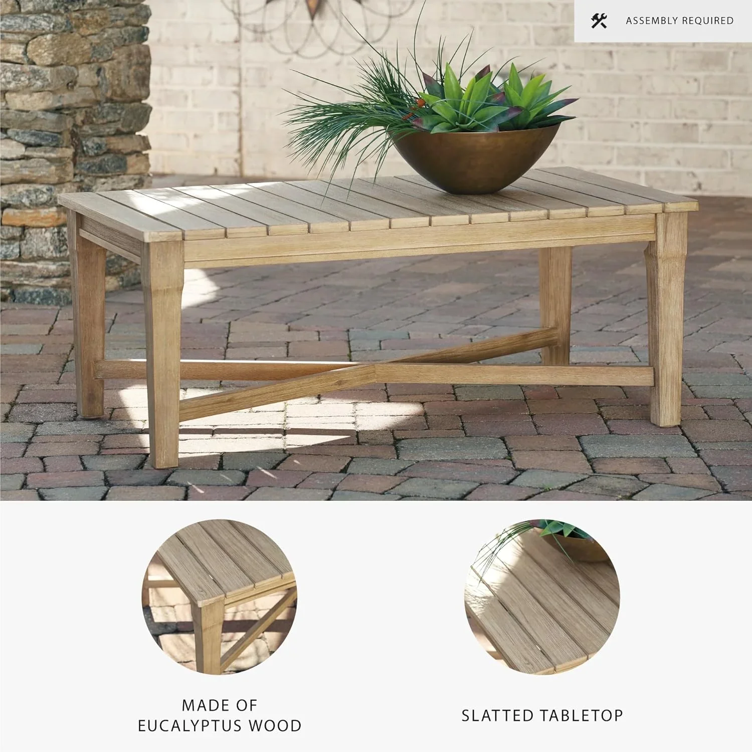 Signature Design by Ashley Clare View Coastal Outdoor Patio Eucalyptus Sofa with Cushions, Beige