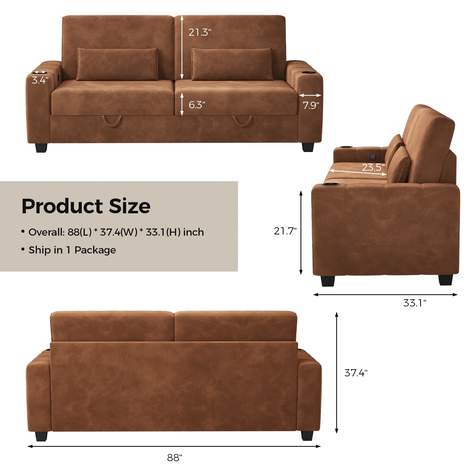 87-Large Loveseat Sofa, 3 Seater Couch with Storage, Velvet Fabric Deep Seat Sofa with Pillow& Cup Holders, Modern Comfy Sofa with USB& Type-C Ports, Home Sofa Couch for Living Room Bedroom