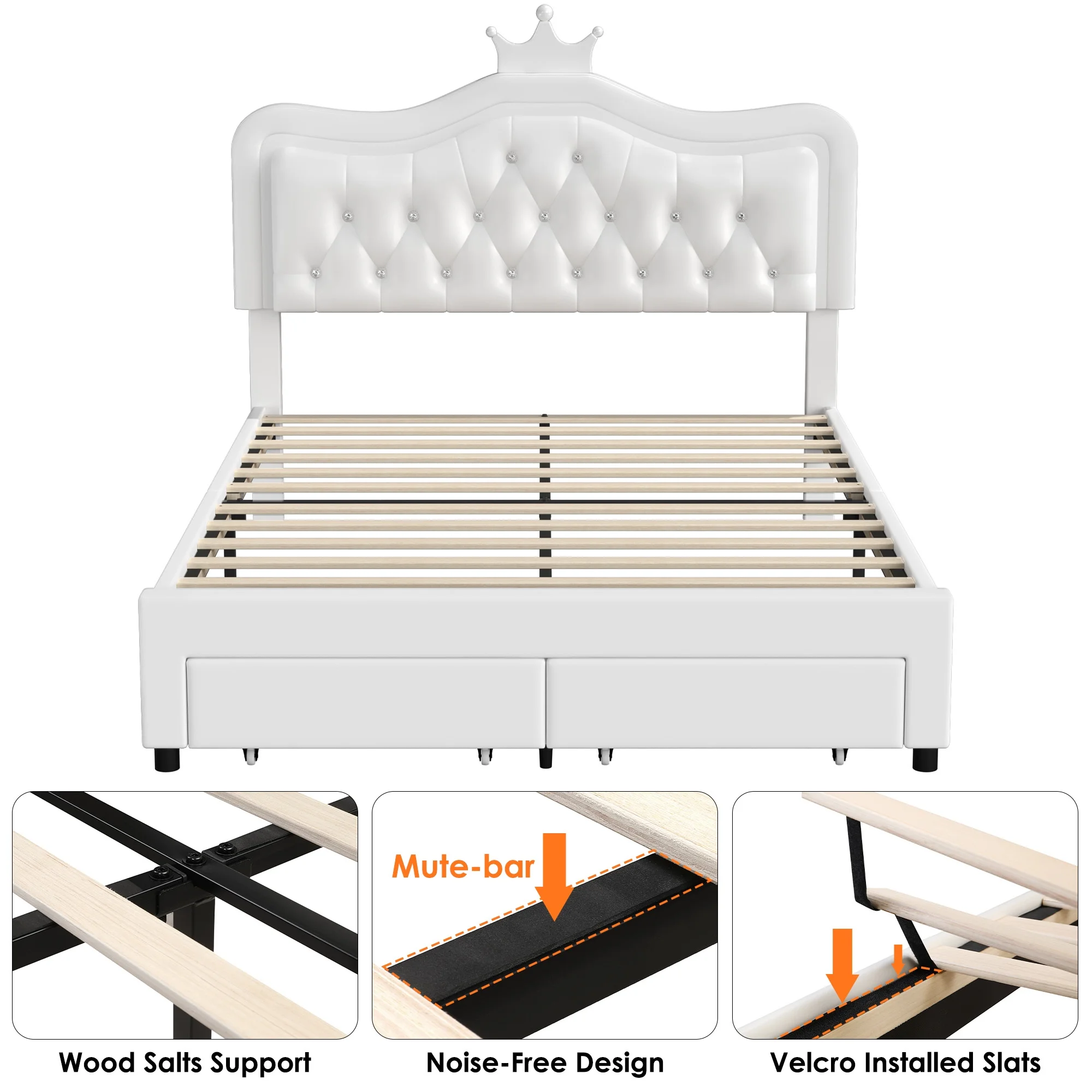 Homfa Full Size Bed, LED Upholstered Bed with Adjustable Crystal Button Tufted Crown Headboard, Soft PU Princess Platform Bed with Storage Drawers, Pink