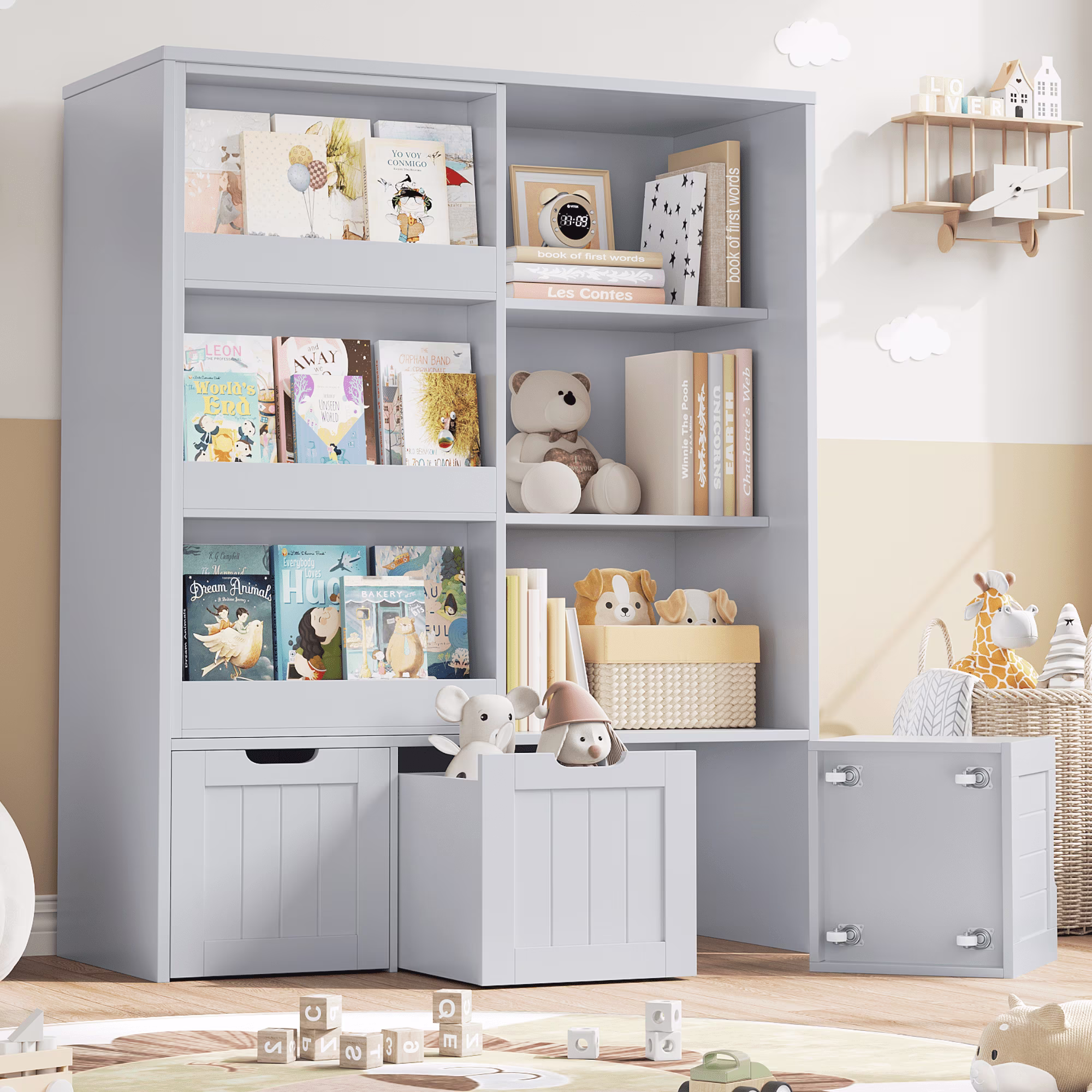 Homfa 6 Cube Toy Storage, Cube Organizer with Sliding Rack, 3 Drawer Kids Bookcase and Bookshelf, White